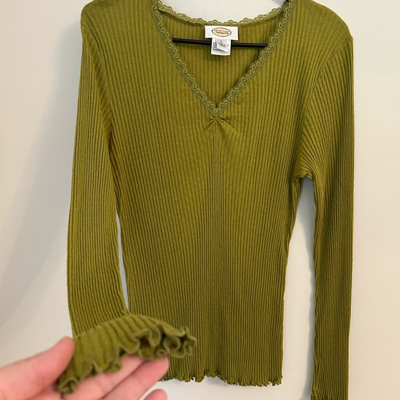 Talbots‎ Knit Top Sz L Green Lace Trim V Neck Ruched Pima Cotton Modal Fitted - Picture 5 of 7